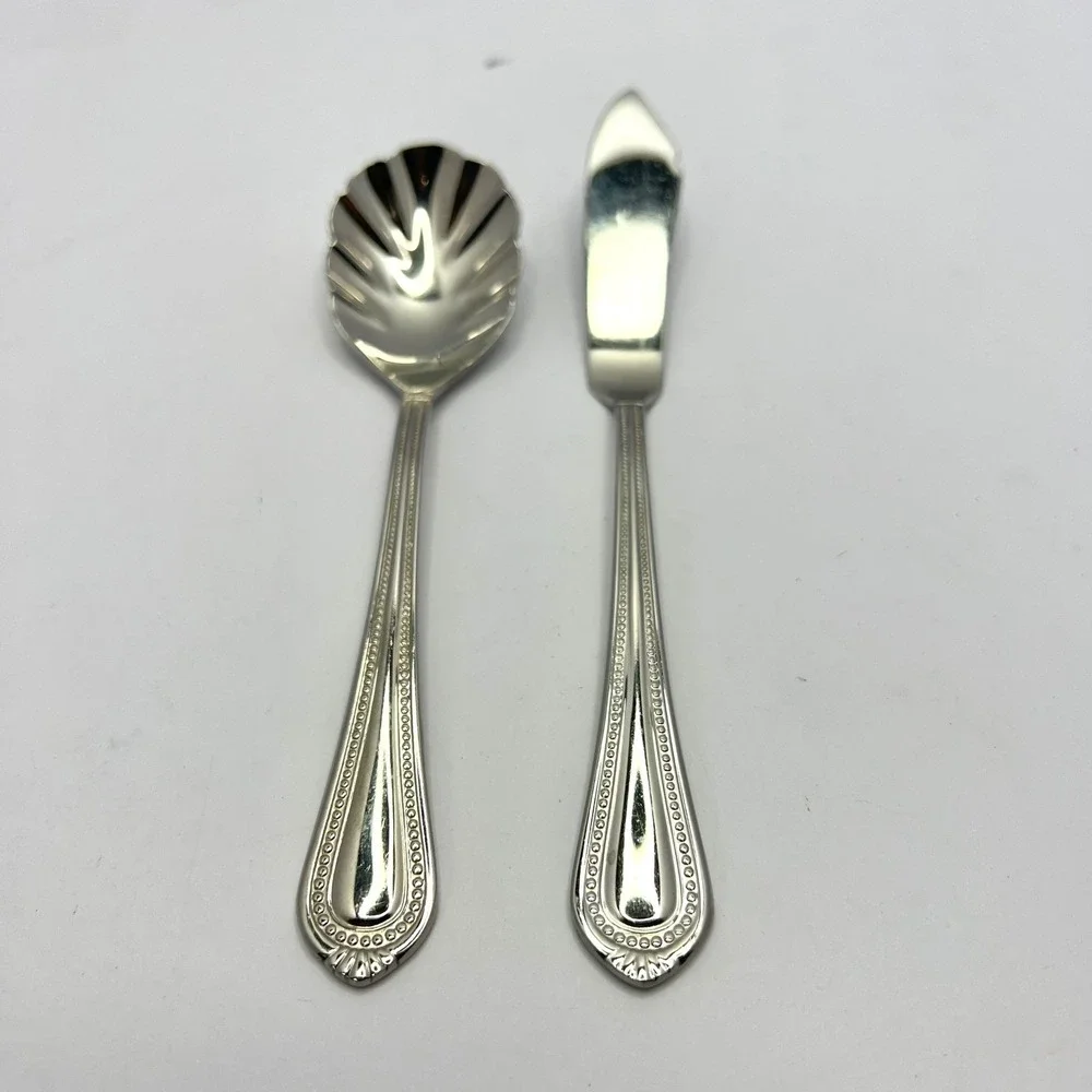 Wallace Silver Chatham Bead Sugar Shell Spoon and Butter Spreader Set Stainless